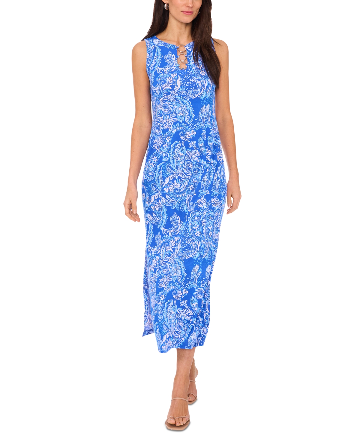 Shop Msk Petite Three-ring Printed Sleeveless Maxi Dress In Blue