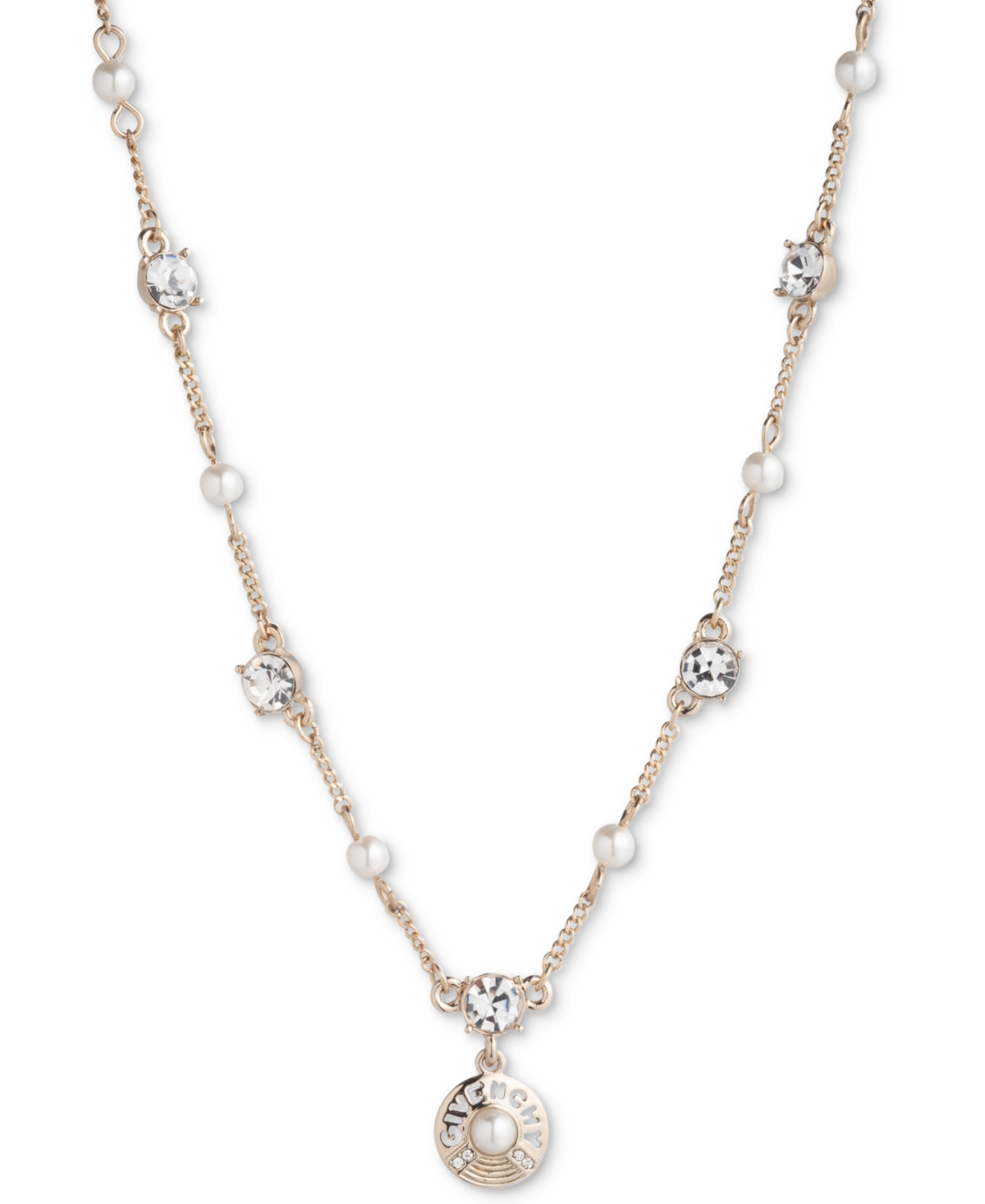 Gold-Tone Imitation Pearl & Crystal Logo Pendant Necklace, 16" + 3" extender - White