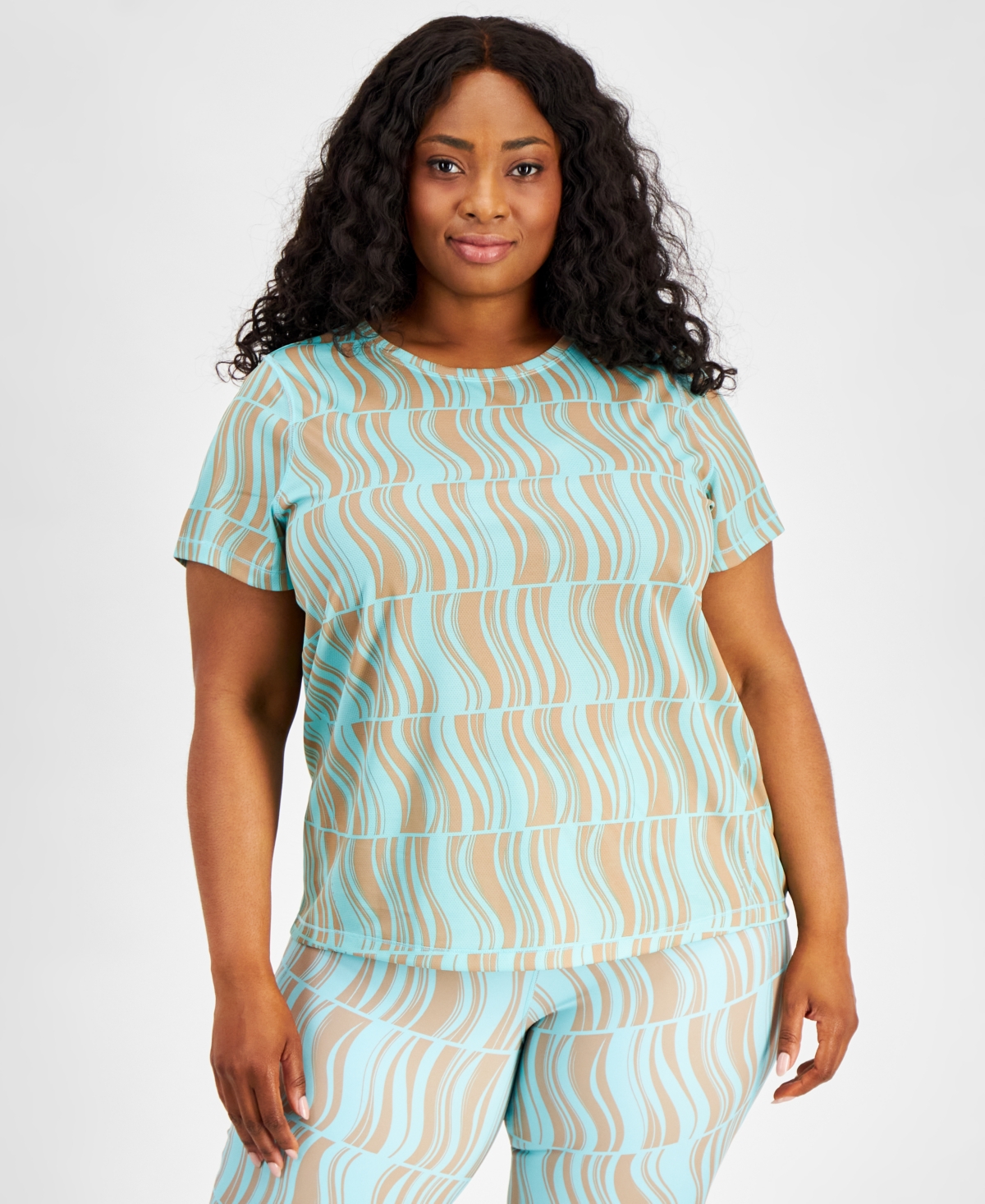 Plus Size Geo-Print Mesh Short-Sleeve Top, Created for Macy's - Ocean Sigh