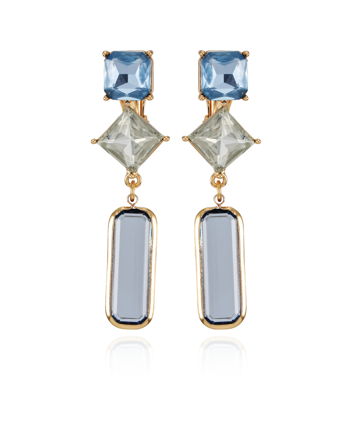 Gold-Tone Blue Glass Stone Drop Clip On Earrings - Gold