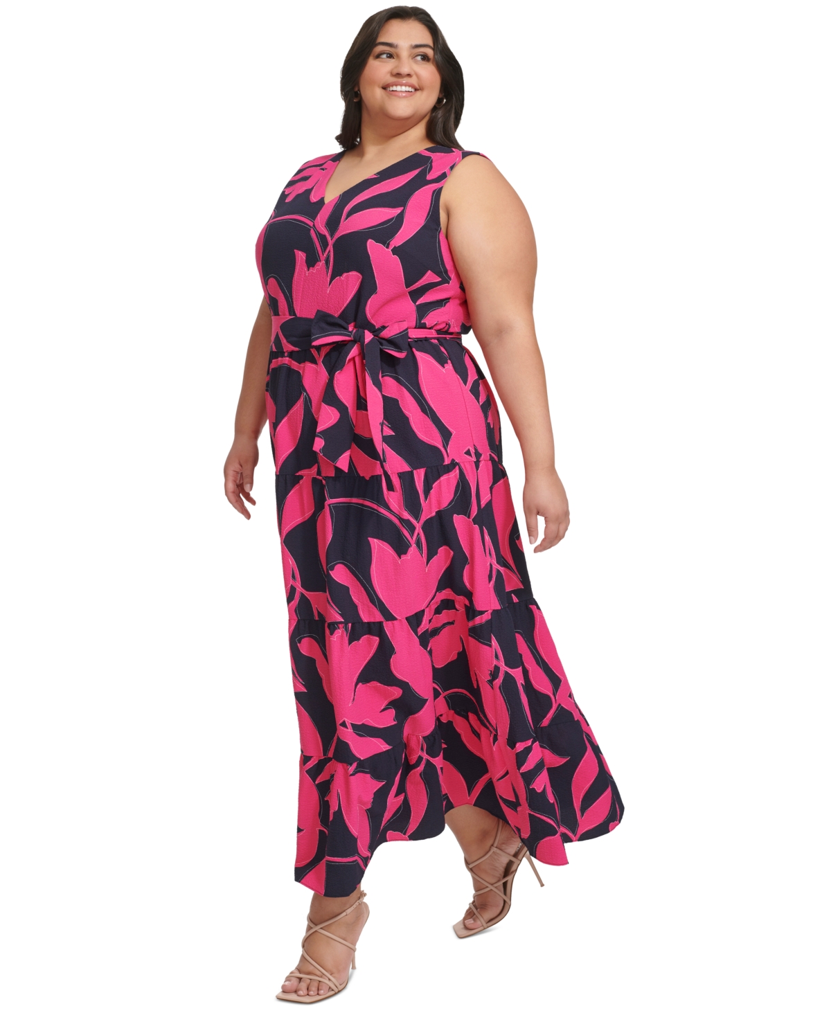 Dkny Plus Size Printed Fit & Flare Maxi Dress -Pink