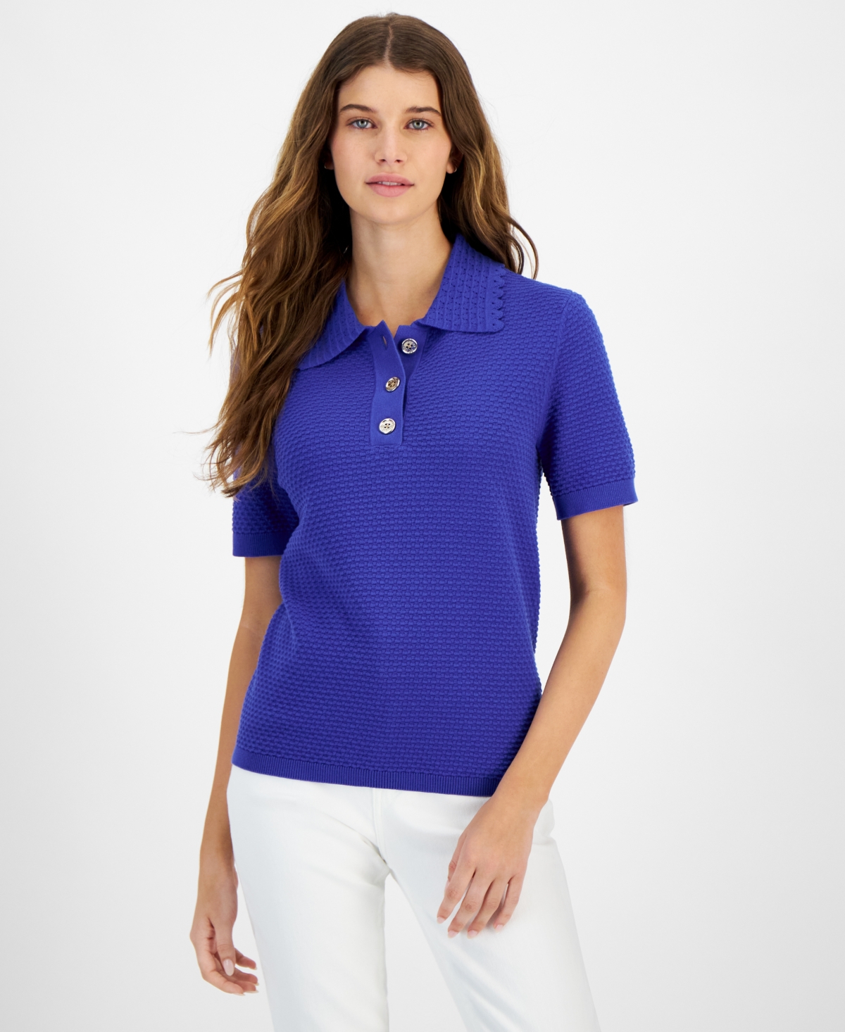 Shop Tommy Hilfiger Women's Cotton Textured Polo Top In Provence