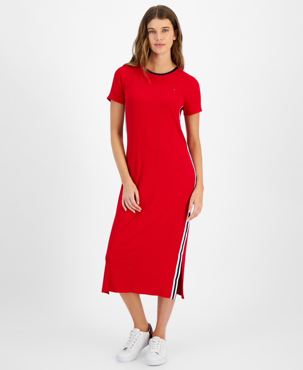 Shop Tommy Hilfiger Women's Contrast-stripe Ribbed Knit Midi Dress In Scarlet