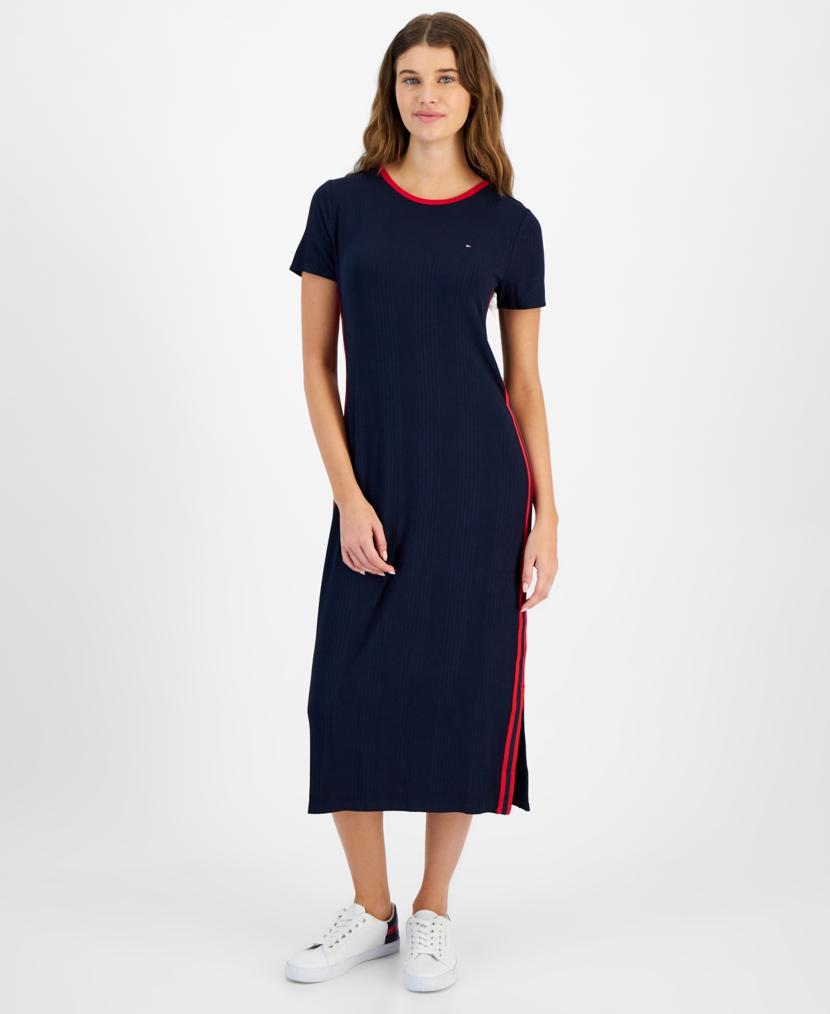 Shop Tommy Hilfiger Women's Contrast-stripe Ribbed Knit Midi Dress In Sky Capt