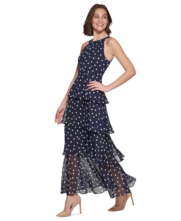 Women Purple Dot Foil Print Tiered Maxi Dress