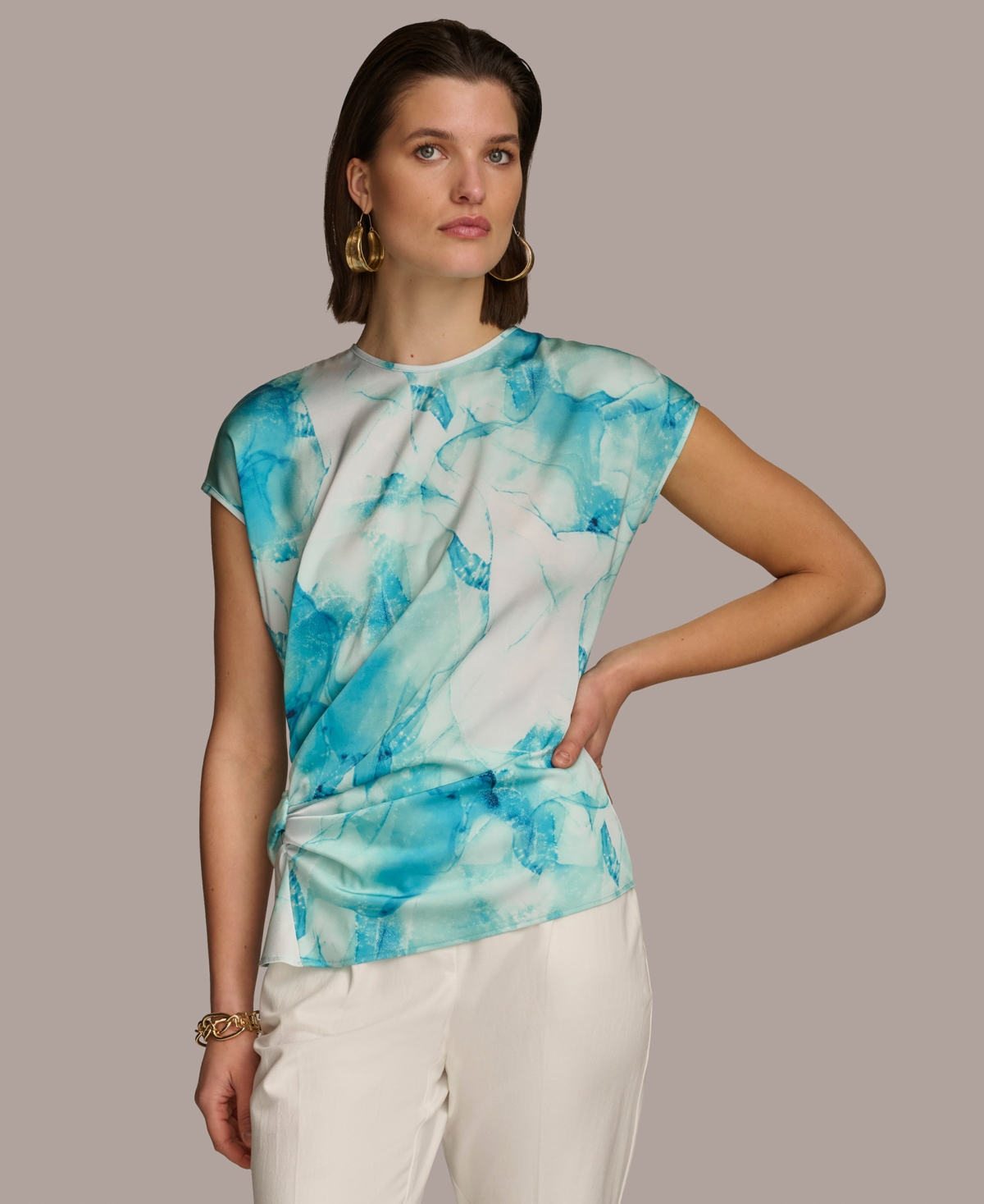 Women's Printed Side-Ruched Short Sleeve Top - Tide Multi