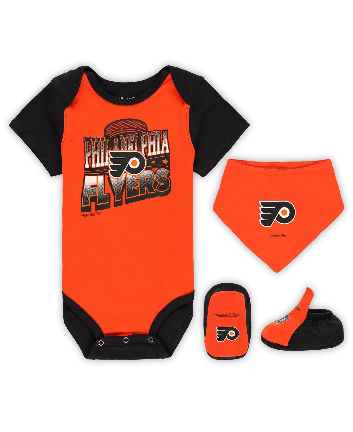 Shop Mitchell & Ness Baby Boys And Girls  Orange, Black Philadelphia Flyers Big Score 3-pack Bodysuit, Bib In Orange,black