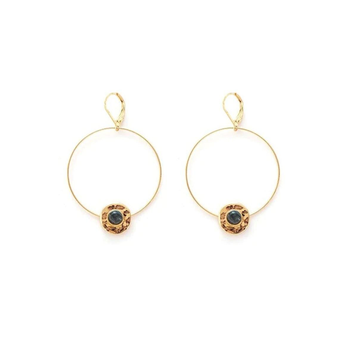 Dangle Hoop Earrings with Bohemian Round Labradorite Stone - Gold