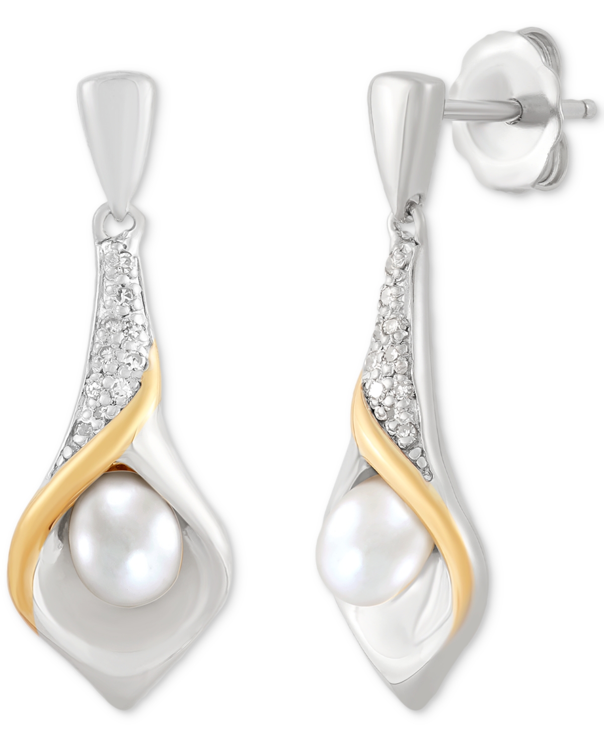 Macy's Cultured Freshwater Pearl (6 X 4mm) Flower Bud Inspired Drop Earrings In Sterling Silver & 14k Gold