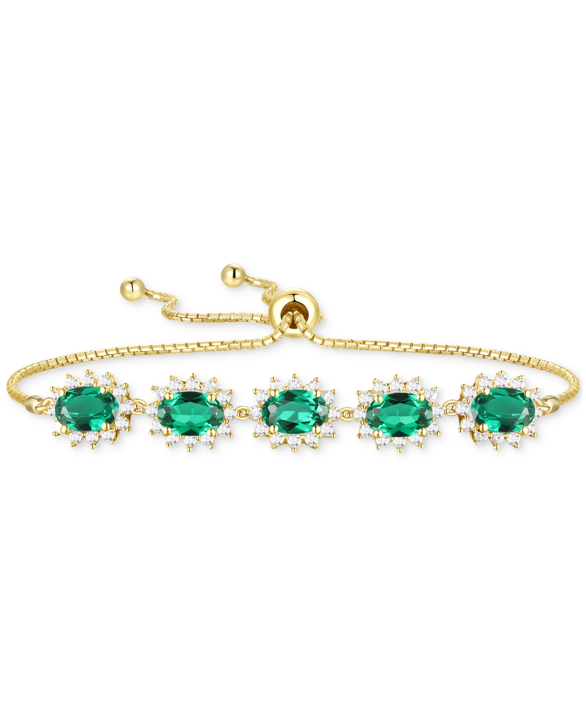 Lab-Grown Emerald (2-1/2 ct. t.w.) & Lab-Grown White Sapphire (3/4 ct. t.w.) Five Stone Halo Bolo Bracelet in 14k Gold-Plated Sterling Silver - Emeral