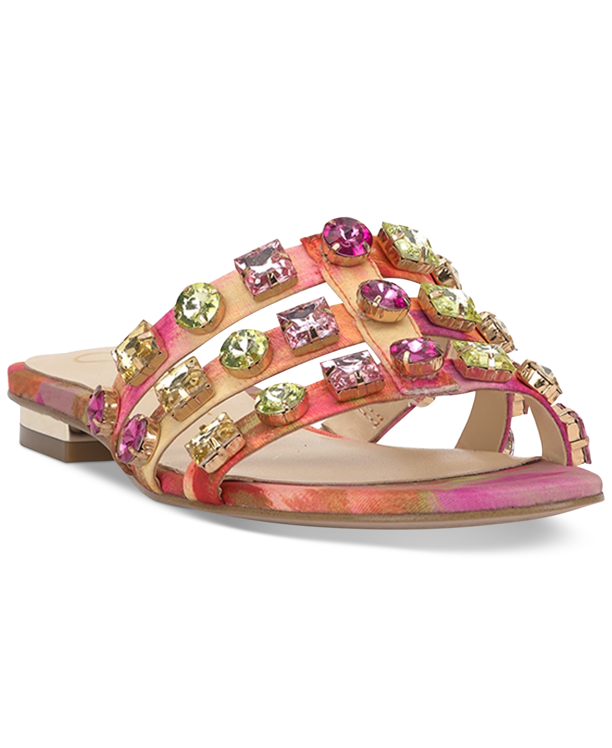 Shop Jessica Simpson Detta Crystal Embellished Slide Sandals In Pink Floral Satin