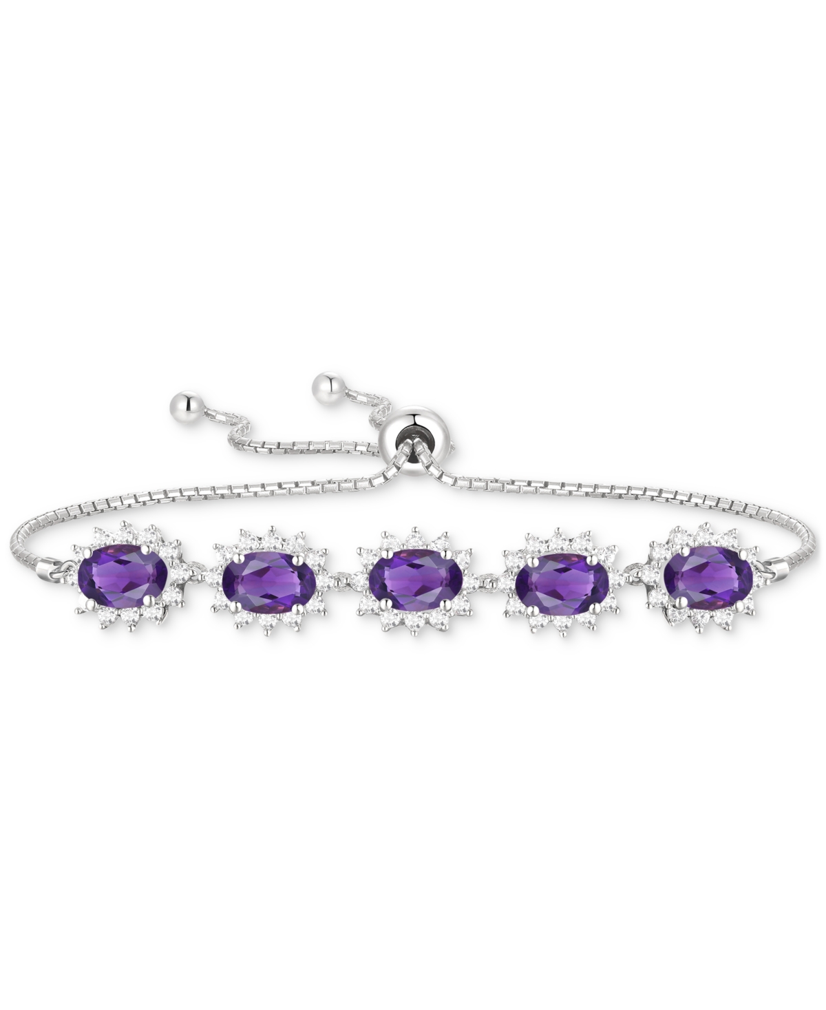 Amethyst (2 ct. t.w.) & Lab-Grown White Sapphire (3/4 ct. t.w.) Halo Five Stone Bolo Bracelet in Sterling Silver (Also in Lab-Grown Morganite & Blue T
