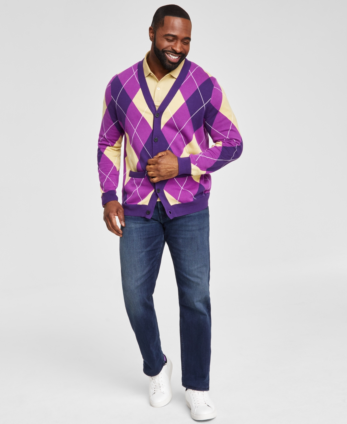 Men's Regular-Fit Argyle Cardigan, Created for Macy's - Purple