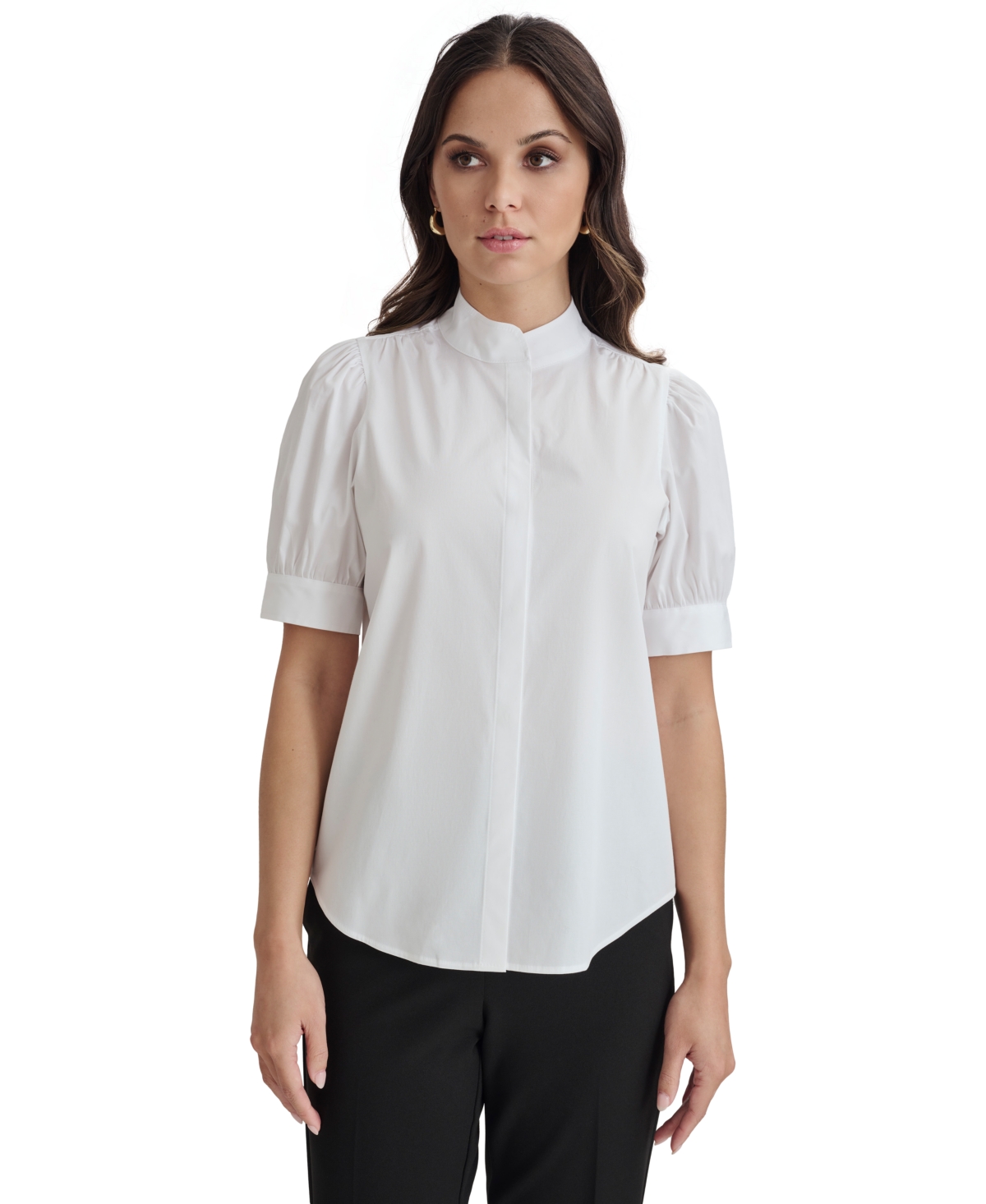 Women's Solid Mandarin-Collar Puff-Sleeve Top - White