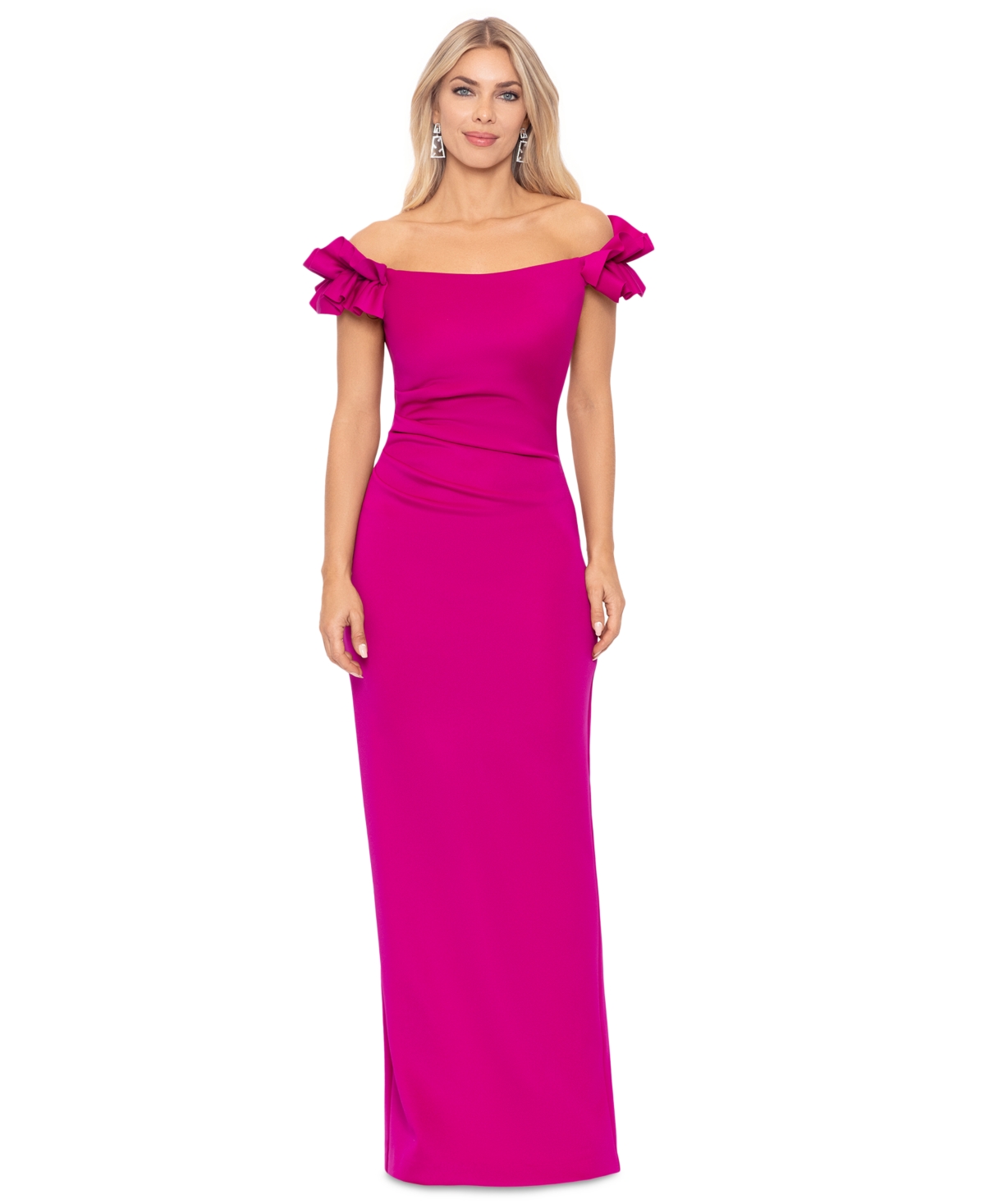 Xscape Petite Ruffled Ruched Off-the-shoulder Gown In Orchid