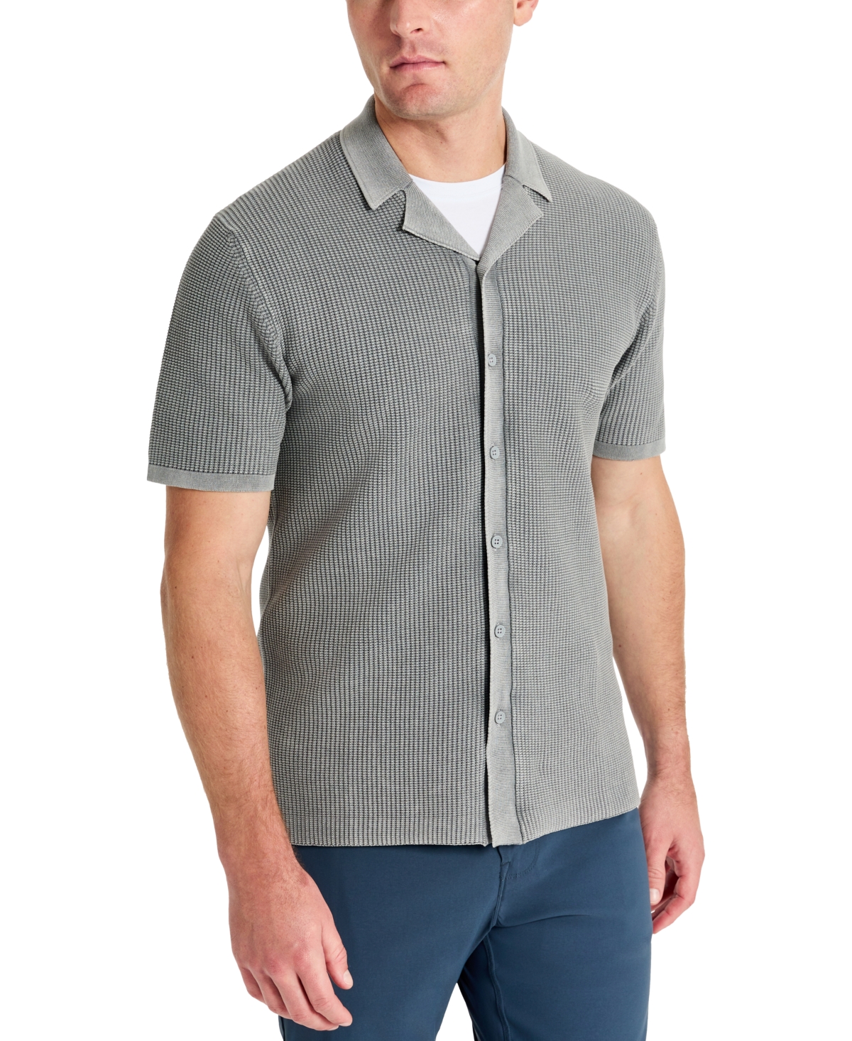 Kenneth Cole Men's Acid Washed Camp Collar Short Sleeve Sweater Shirt In Grey