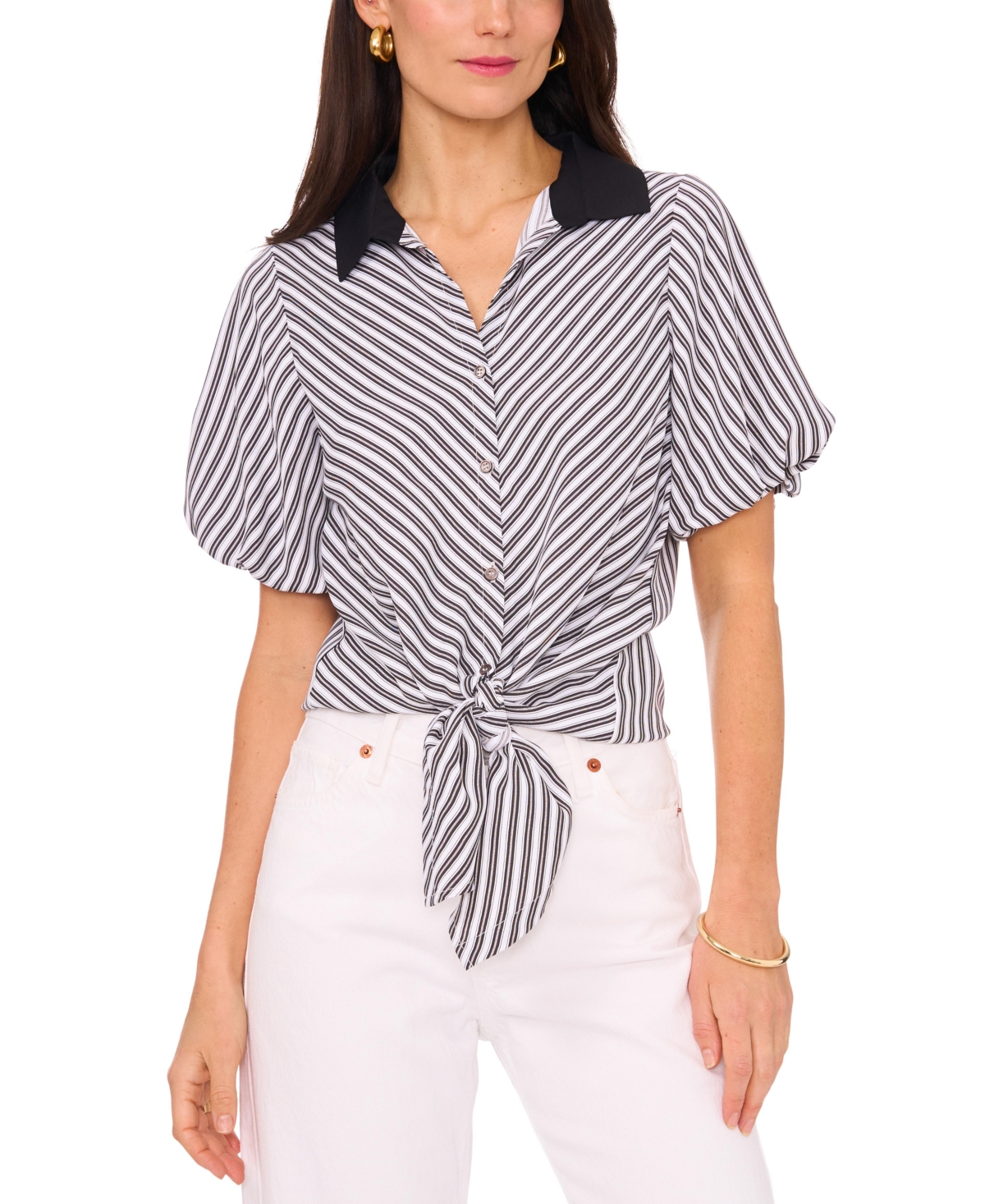 Shop Vince Camuto Women's Chevron-stripe Puff-sleeve Tie-front Top In Coastal Grey