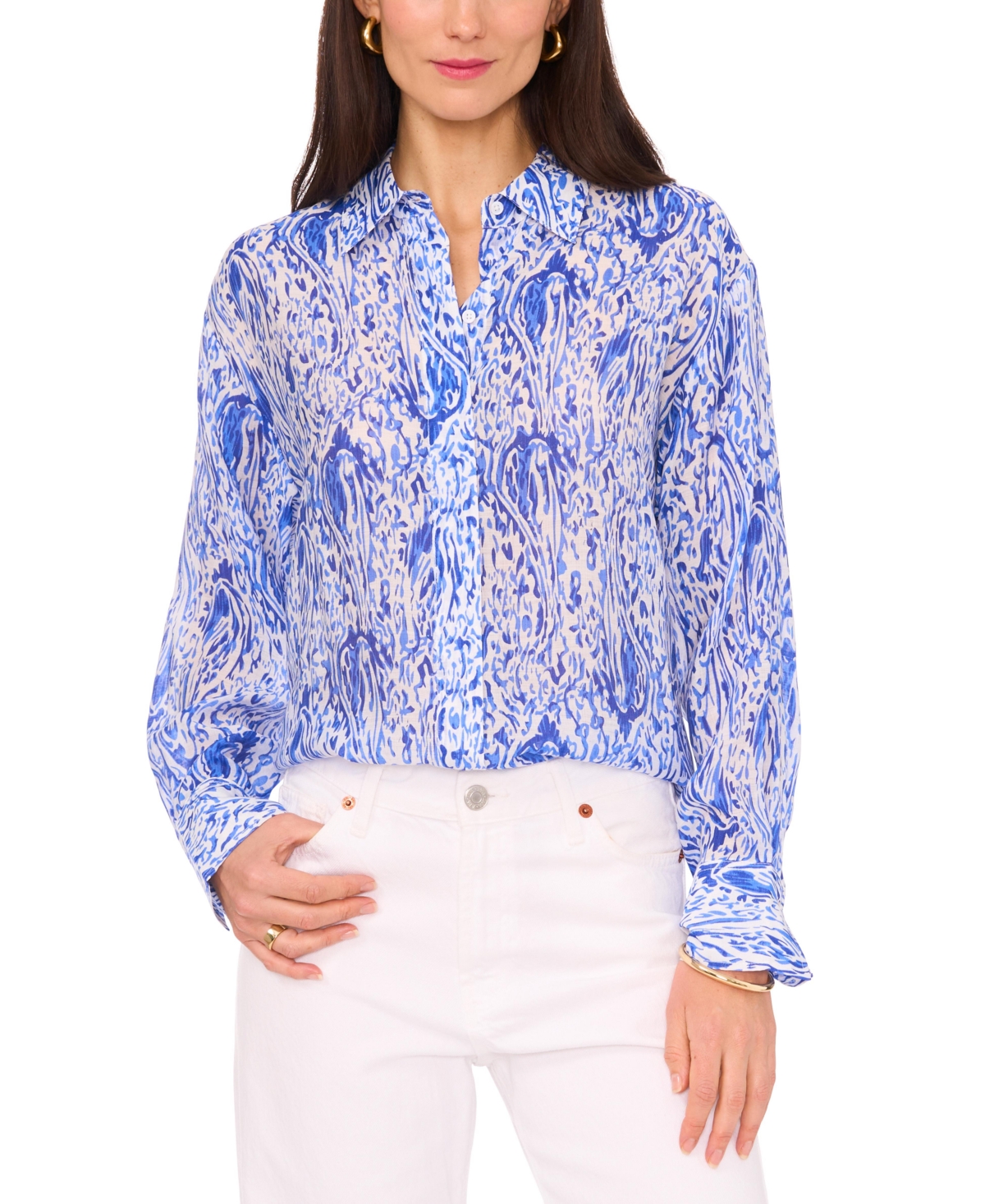 Women's Printed Button-Front Top - Blue Paisley