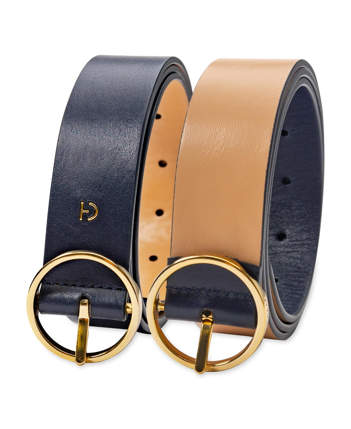Women's Two-In-One Center Bar Reversible Genuine Leather Belt - Navy, Beige