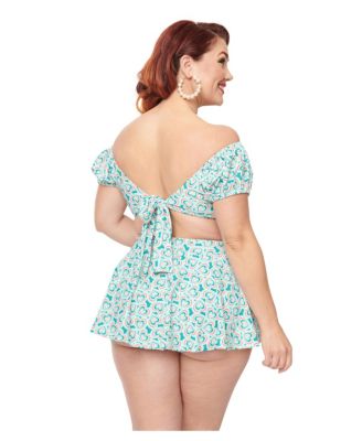 Plus Size Off The Shoulder Puff Sleeve Swim Top