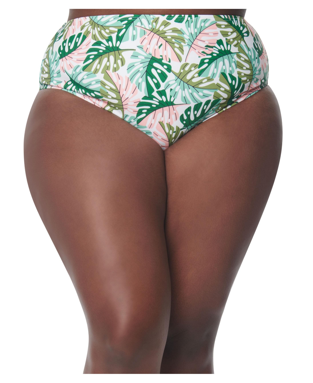 Plus Size High Leg Daphne Swim Bottoms - Green/pink monstera print