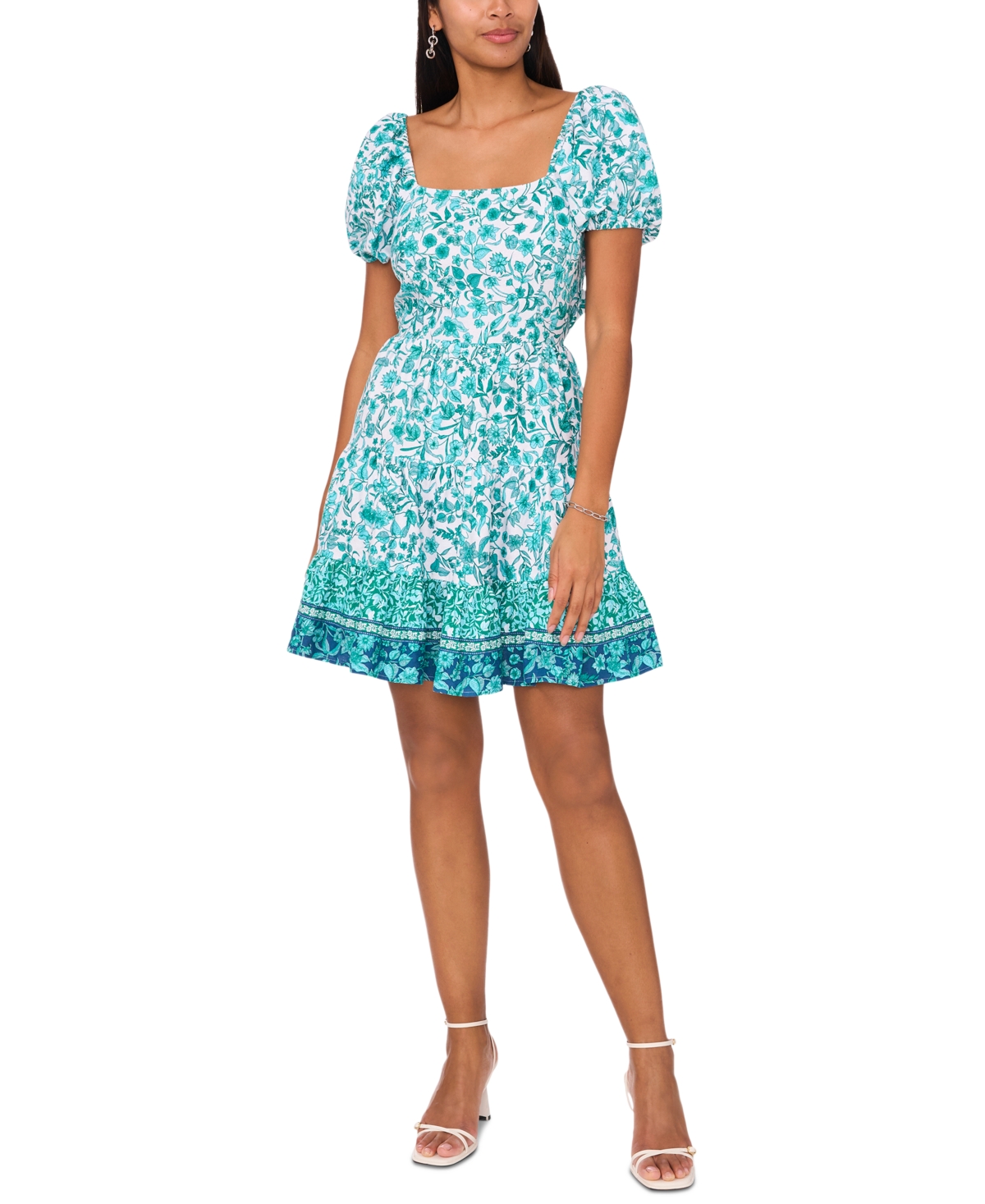 Women's Printed Tie-Back Fit & Flare Dress - White/teal