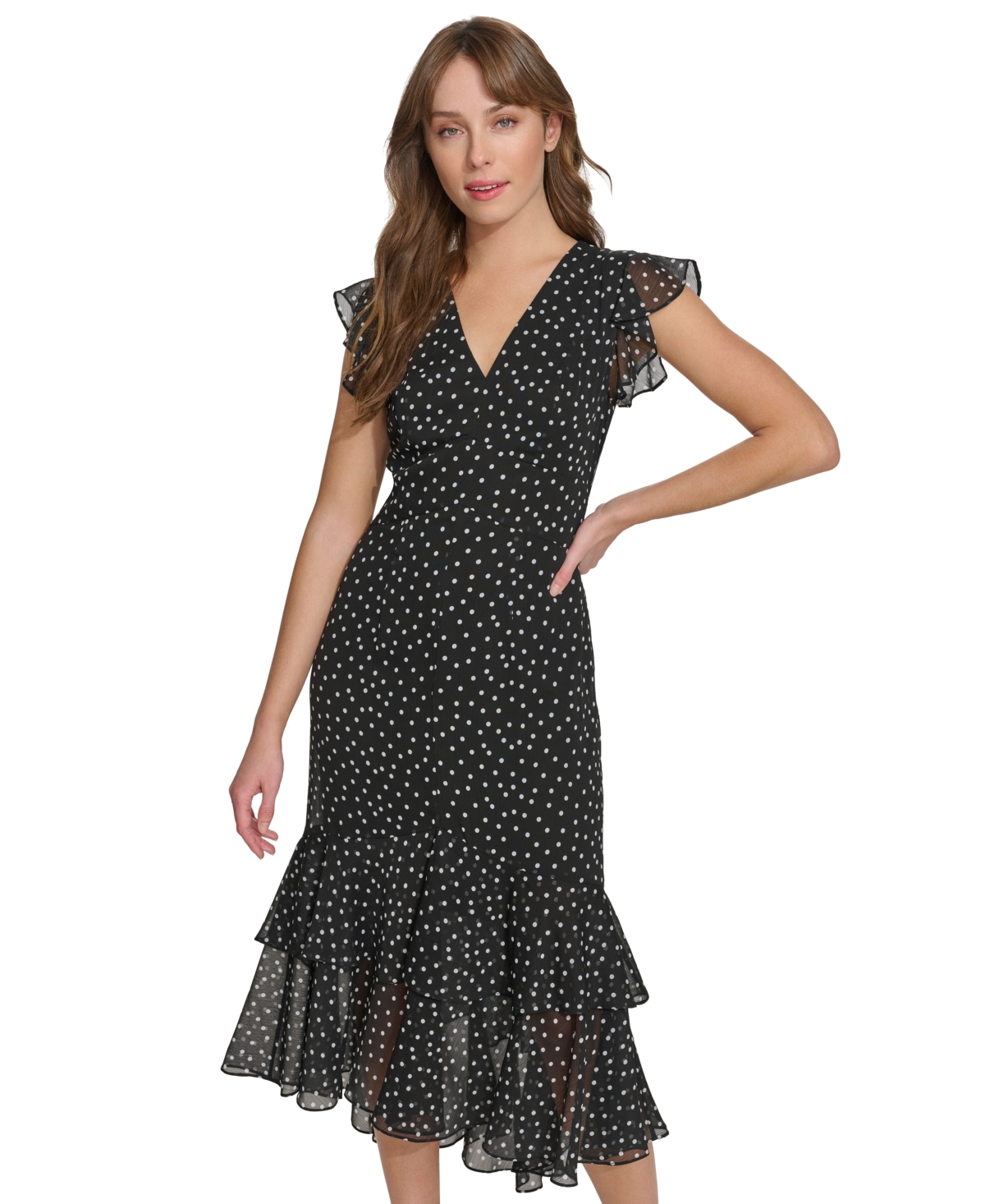 Shop Tommy Hilfiger Women's Polka-dot Ruffled Midi Dress In Blk Ivy