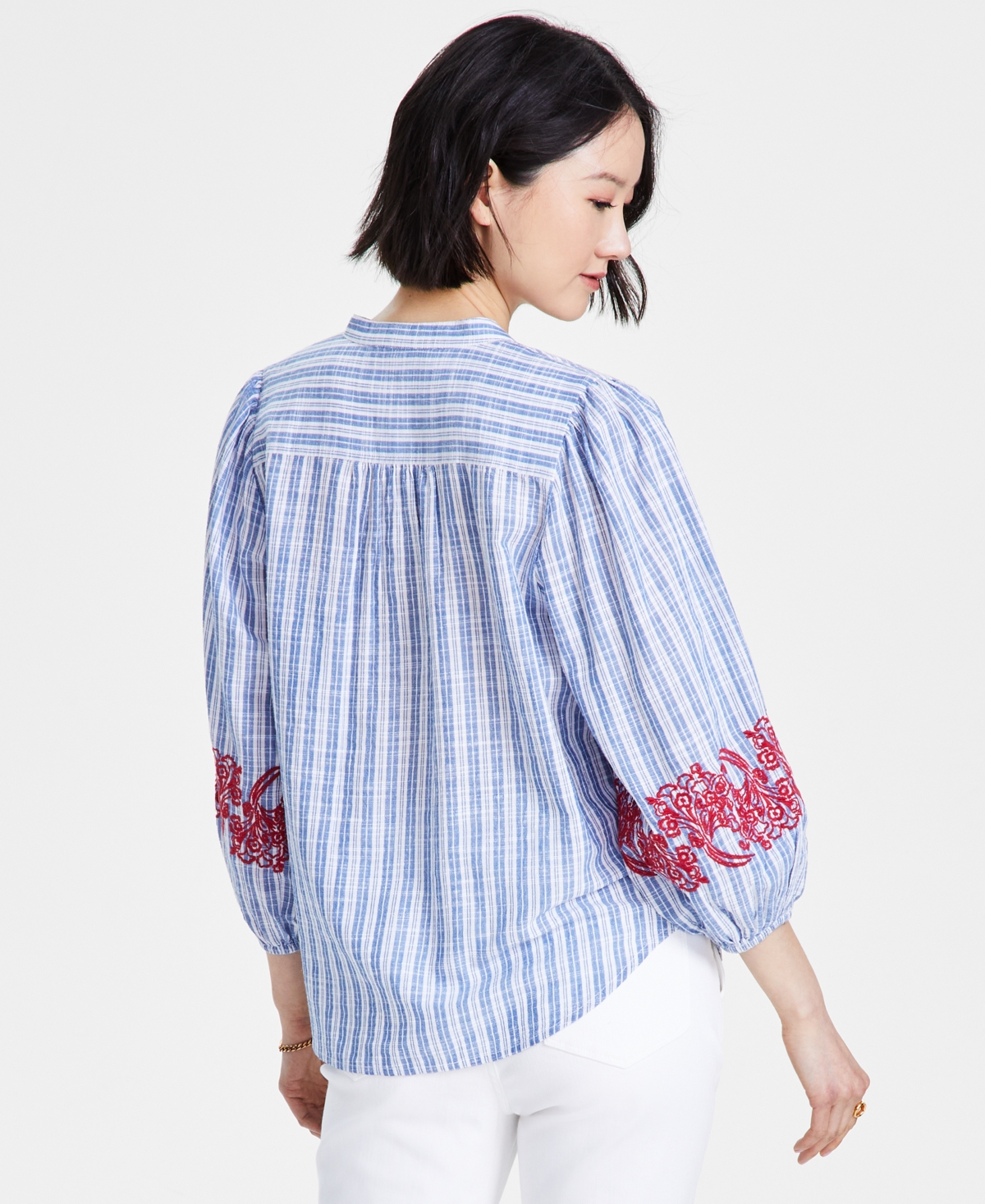 Shop Tommy Hilfiger Women's Striped Embroidered Tunic Top In Blue,white