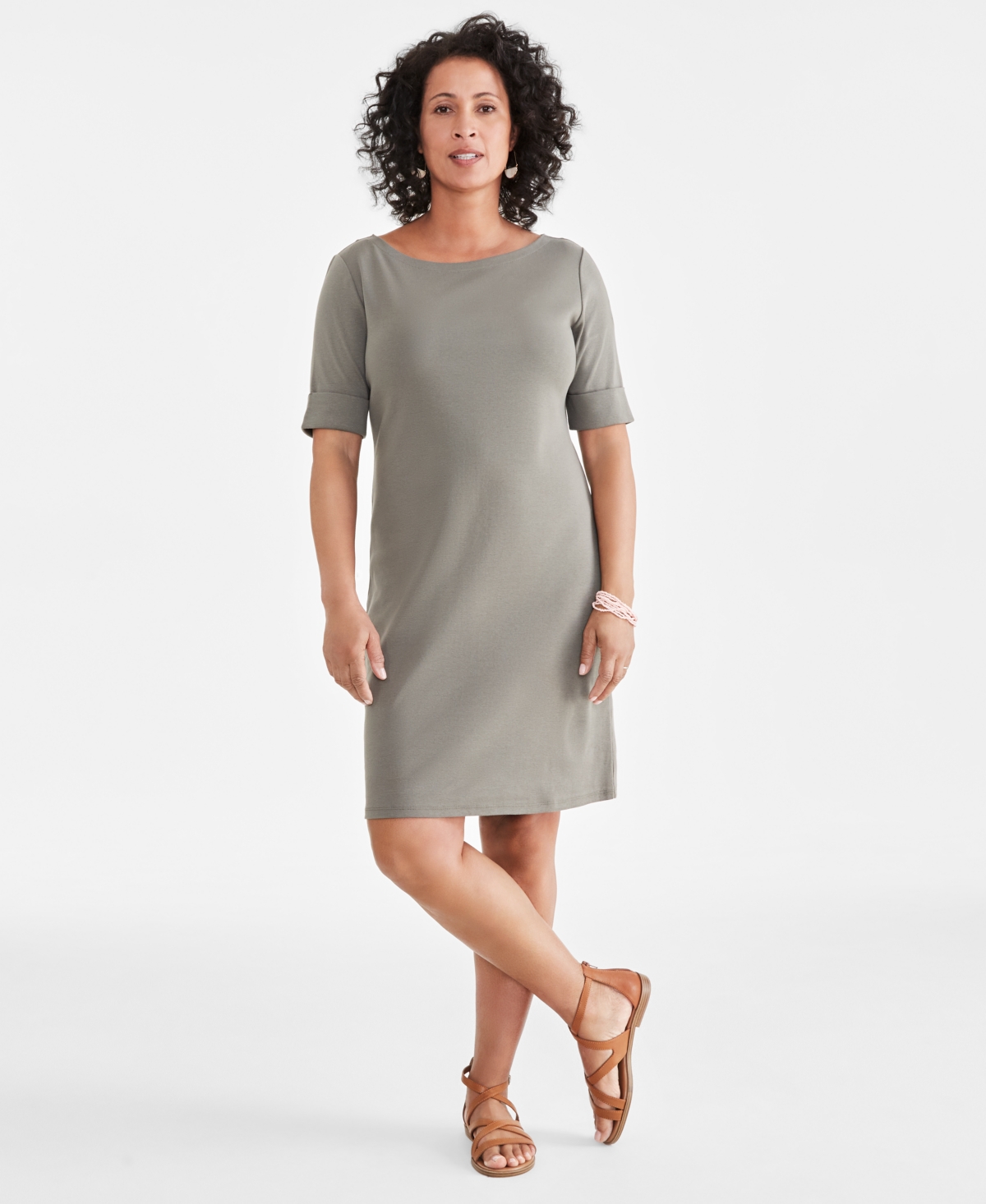 Shop Style & Co Women's Cotton Boat-neck Elbow-sleeve Dress, Created For Macy's In Olive