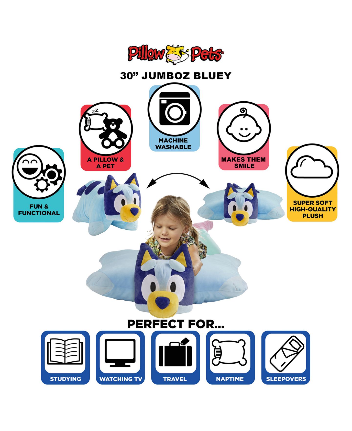 Детские мягкие игрушки Pillow Pets Bluey Dog 30" Pillow Pet — фото 3