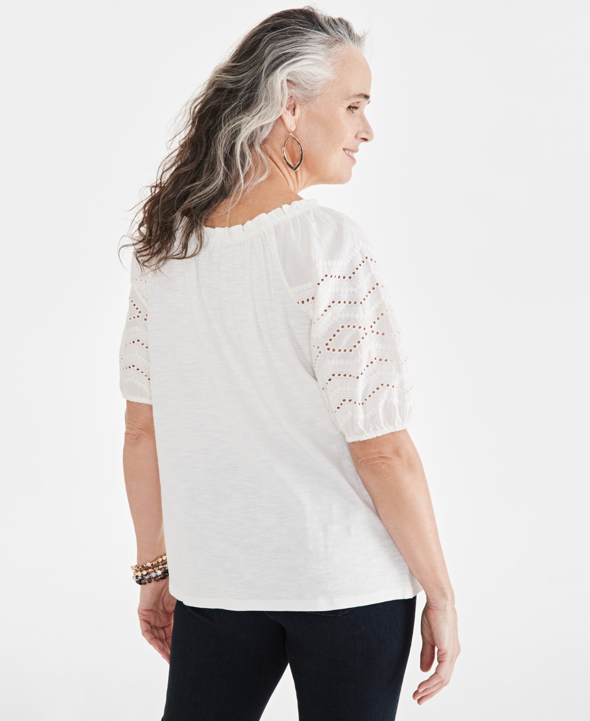 Style & Co Women's Cotton Mixed-Media Embroidered Blouse, Created for Macy's