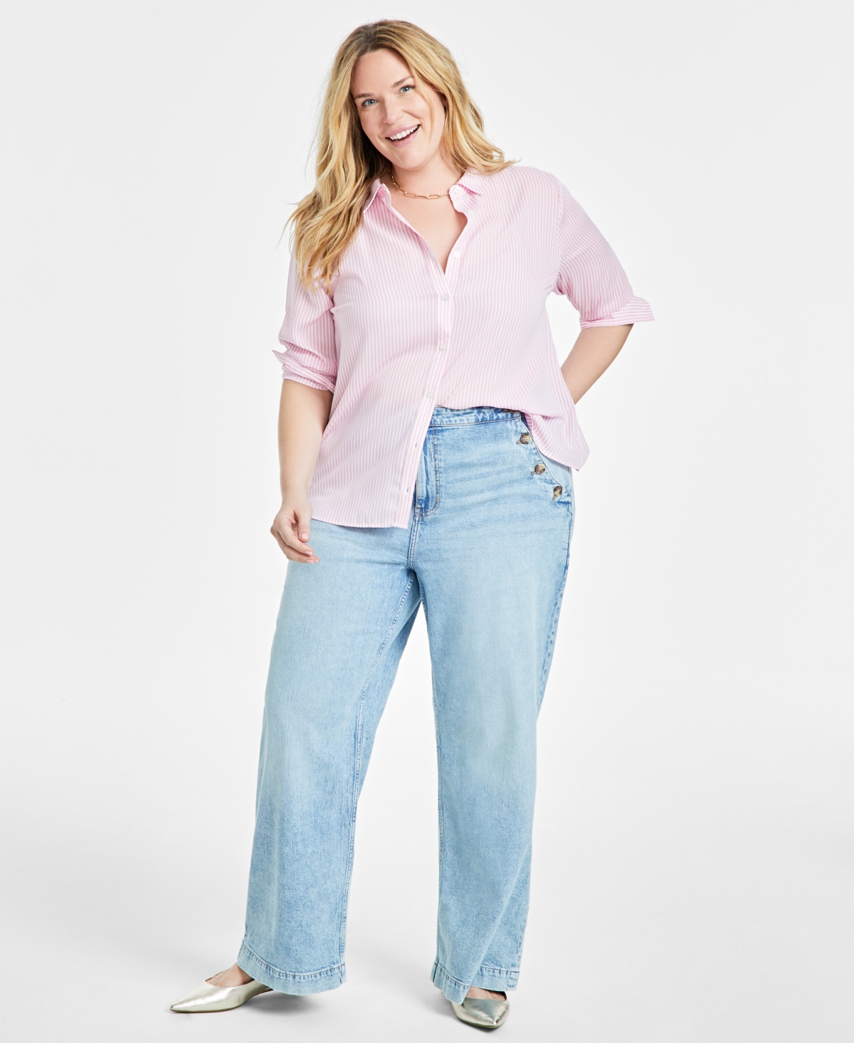 On 34th Trendy Plus Size Button-front Crepe Shirt, Created For Macy's In Pink Lilac Cmb