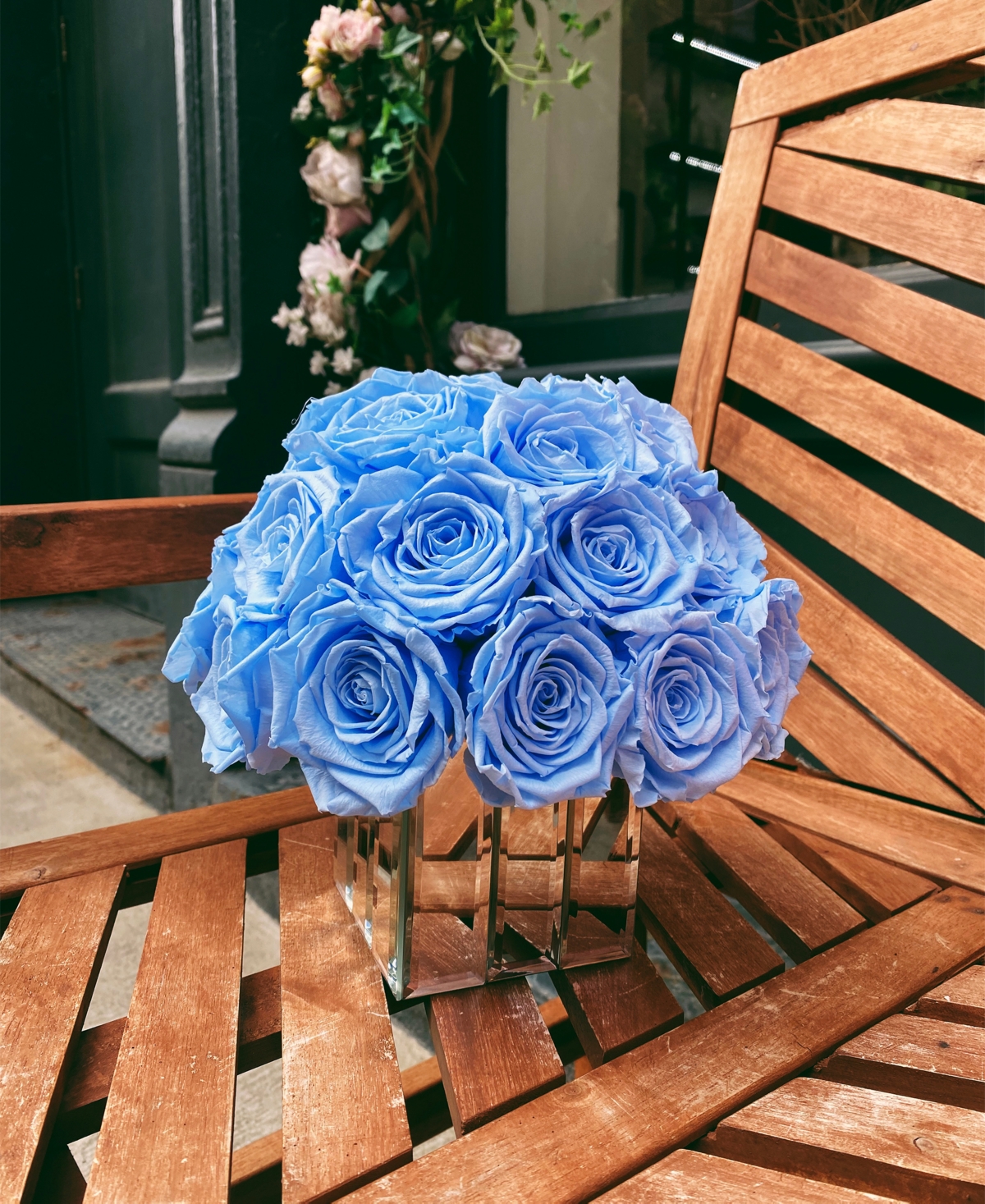 Rose Box Nyc Half Ball of Light Blue Long Lasting Preserved Real Roses in Mini Modern Vase, 25-27 Roses