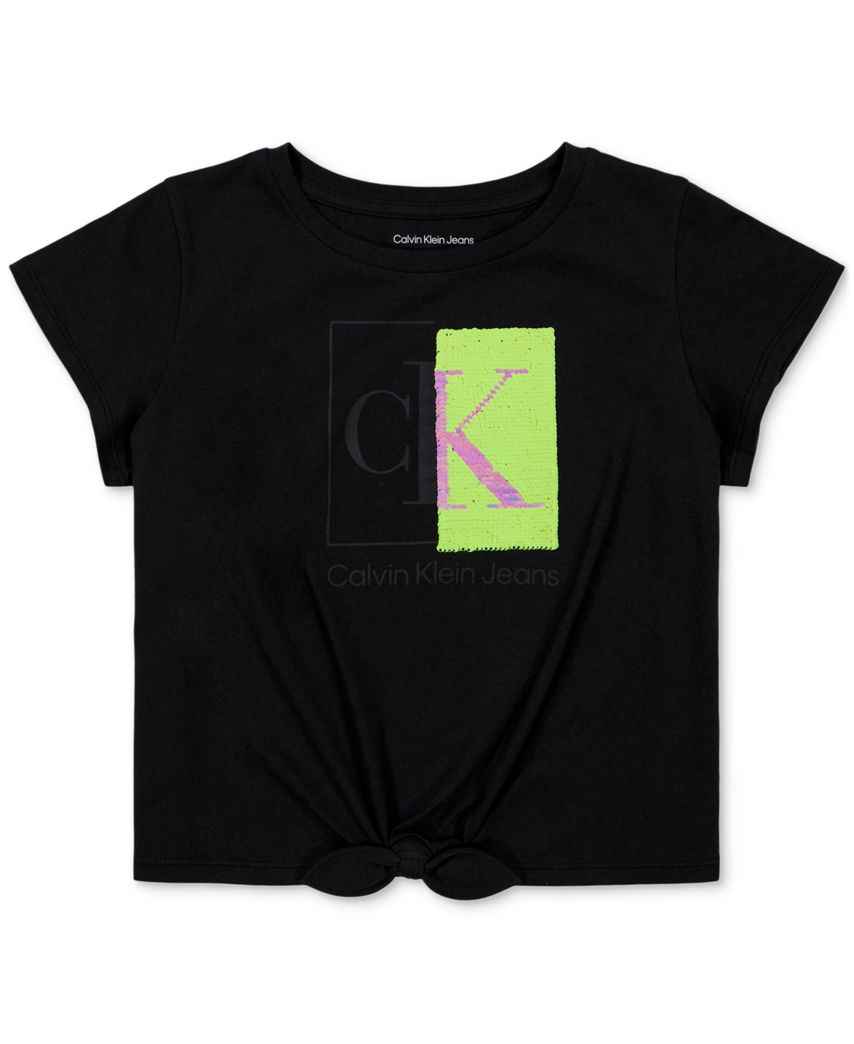 Shop Calvin Klein Big Girls Split Monogram Sequin Logo Tie-front T-shirt In Black Beau