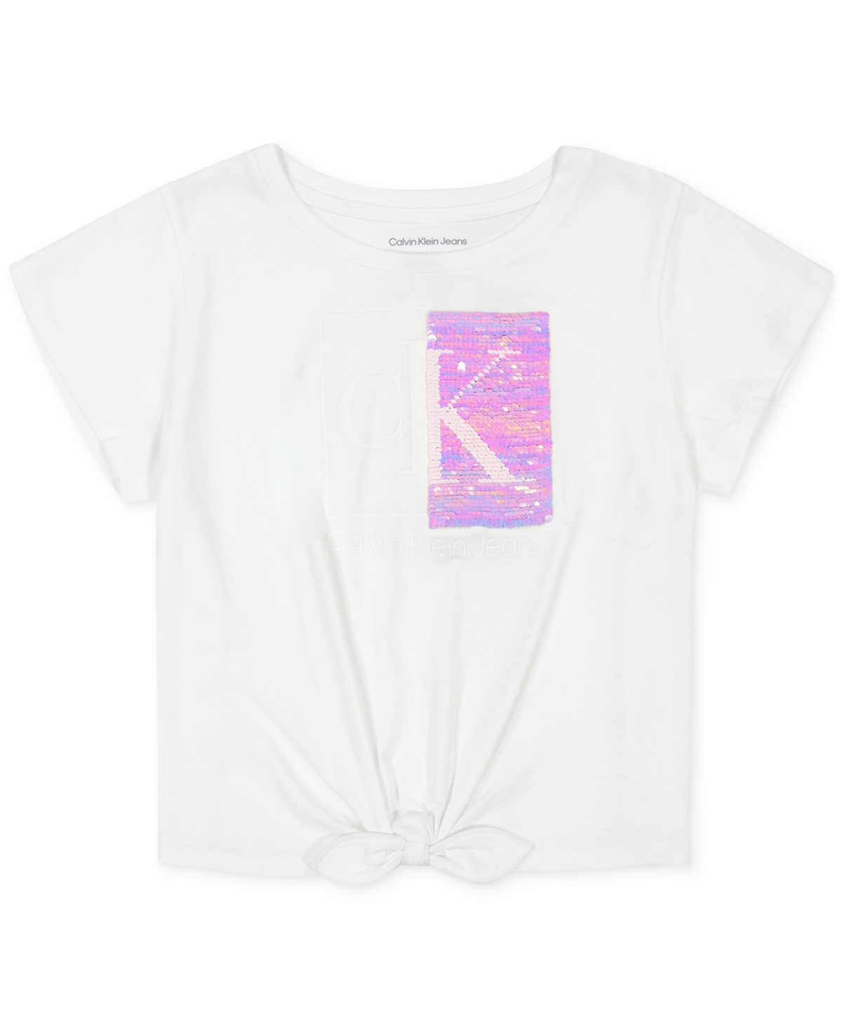 Shop Calvin Klein Big Girls Split Monogram Sequin Logo Tie-front T-shirt In White
