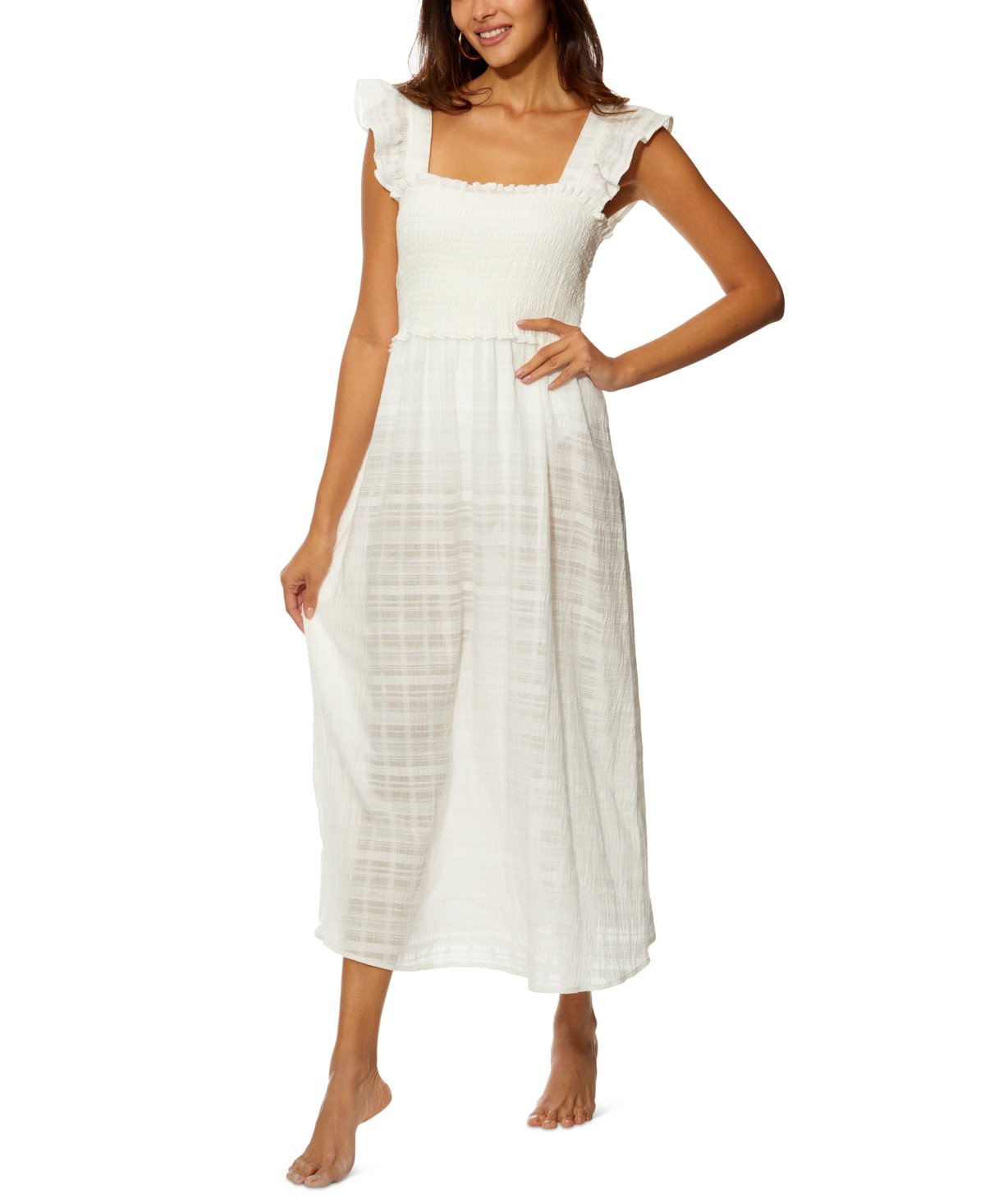 Shop Anne Cole Women's Cotton Flutter-sleeve Cover-up Midi Dress In Brilliant White