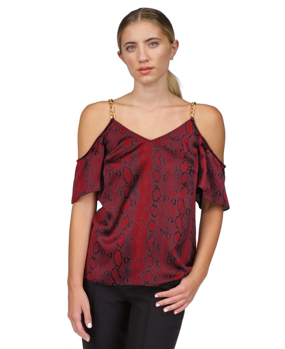 Shop Michael Kors Michael  Women's Snakeskin-print Cold-shoulder Chain Top In Crimson Red