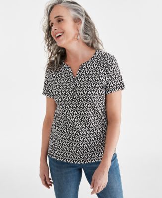 売れ筋商品|||スタイルアンドコー カットソー トップス レディース Petite Short-Sleeve Knit Henley, Exclusively at Macy's Shitake Cmb Style & Co Petite Printed Short-Sleeve Henley Top, Created