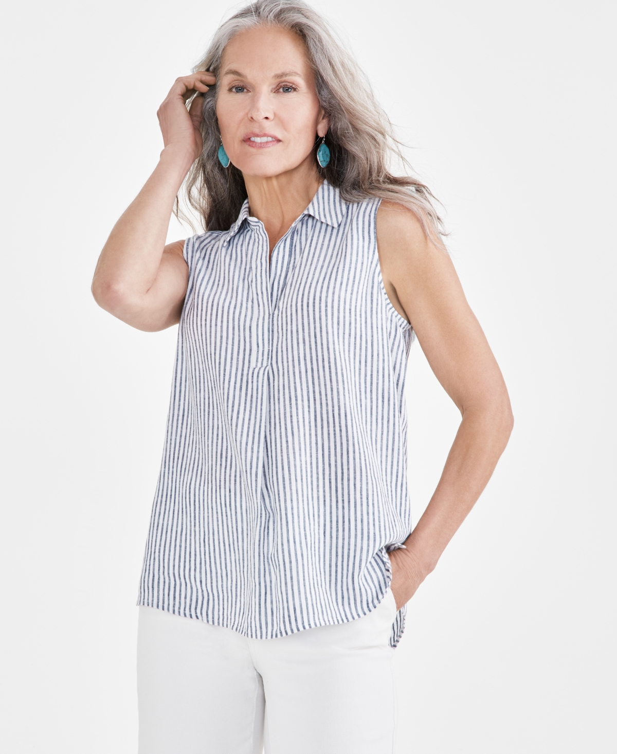Shop Style & Co Women's Sleeveless Popover Shirt, Created For Macy's In White Blue Stripe