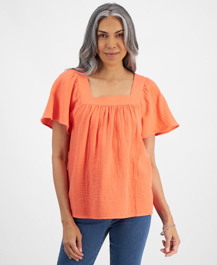 Style & Co Women's Cotton Gauze Square-Neck Top, Created for Macy's ...