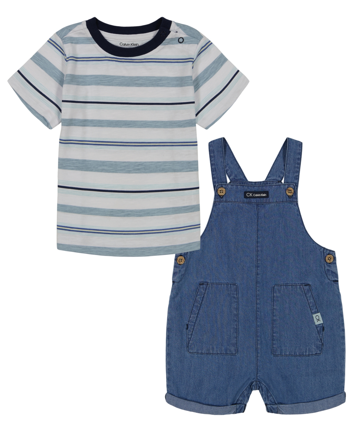 Shop Calvin Klein Baby Boys Chambray Shortalls And Striped Short Sleeve T-shirt Set, 2 Piece In Blue