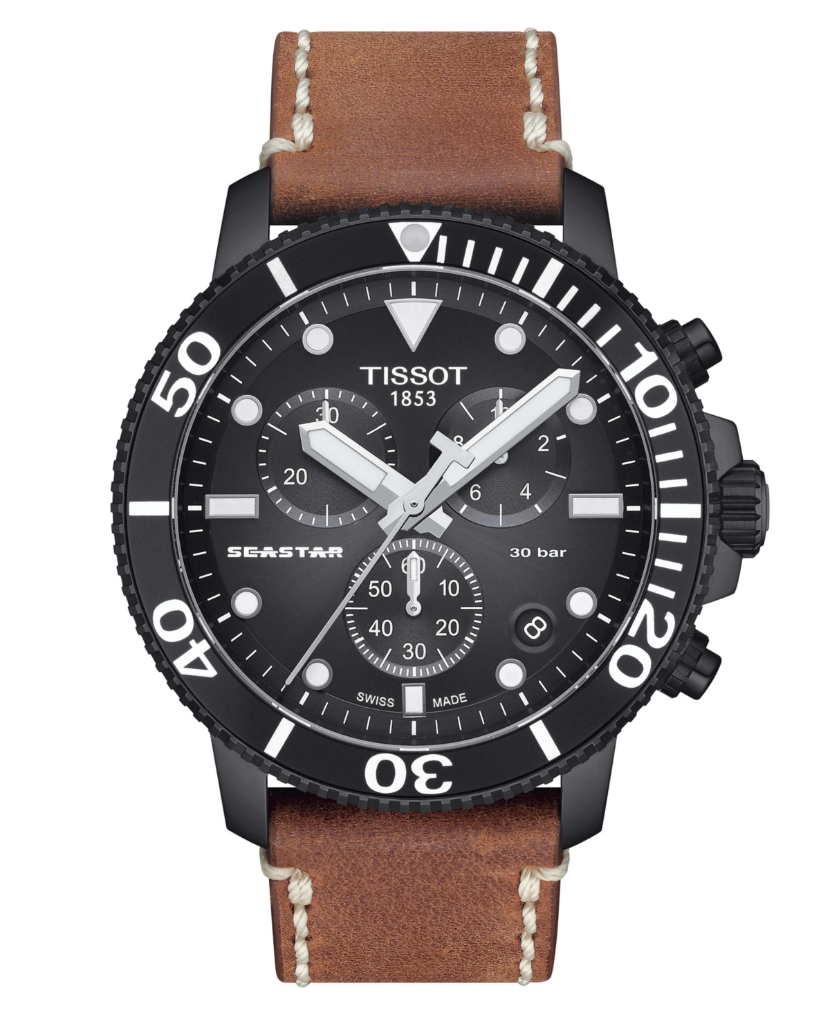 Shop Tissot Men's Swiss Chronograph Seastar Brown Leather Strap Watch 46mm In No Color
