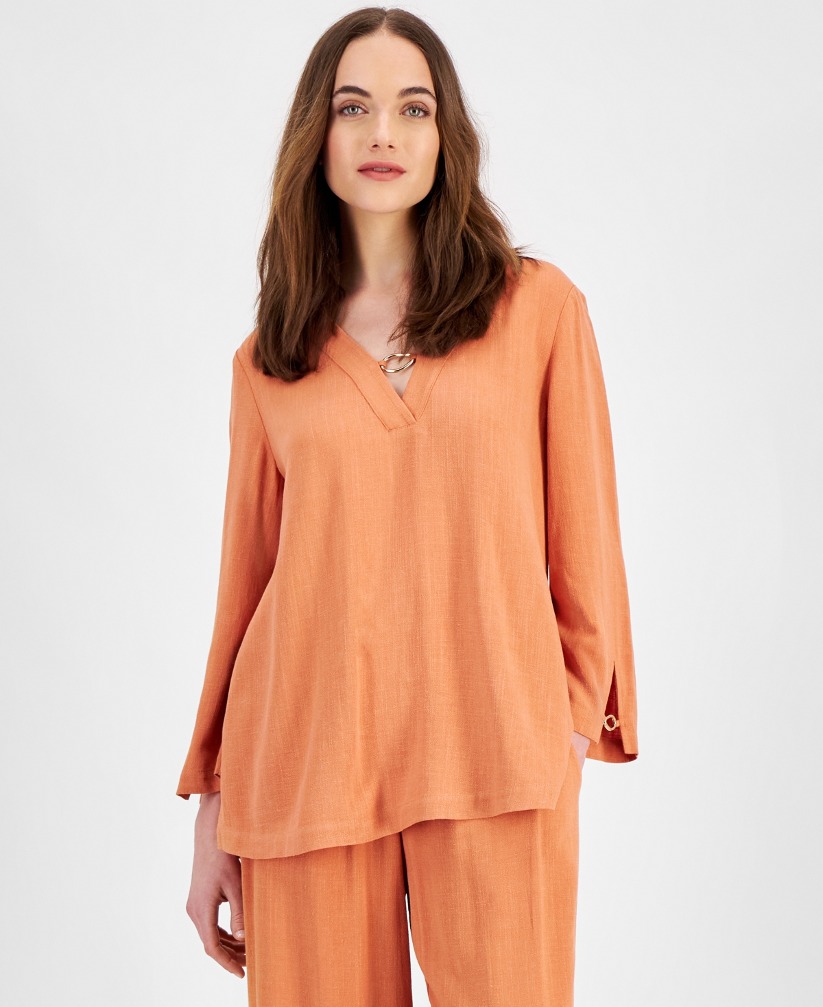 Shop Jm Collection Women's Split-cuff Long-sleeve O-ring Top, Created For Macy's In Citrus Sachet