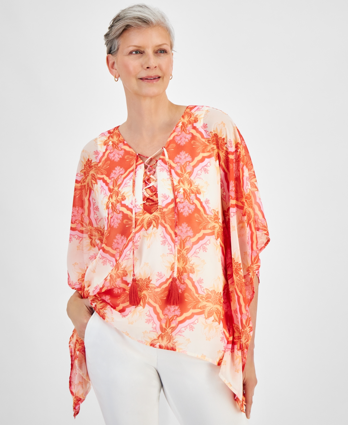 Shop Jm Collection Petite Lacey Lush Lace-up Chiffon Poncho Top, Created For Macy's In Pumpkin Seed Combo