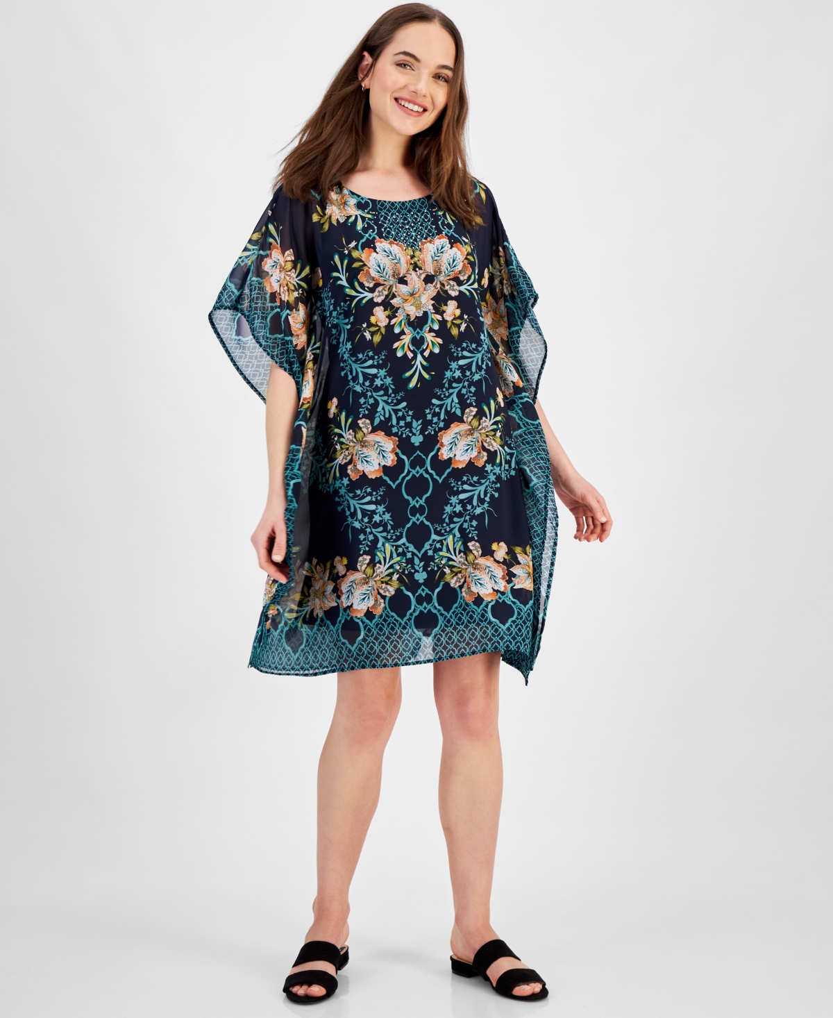 Shop Jm Collection Women's Embellished Printed Caftan Dress, Created For Macy's In Intrepid Blue Combo