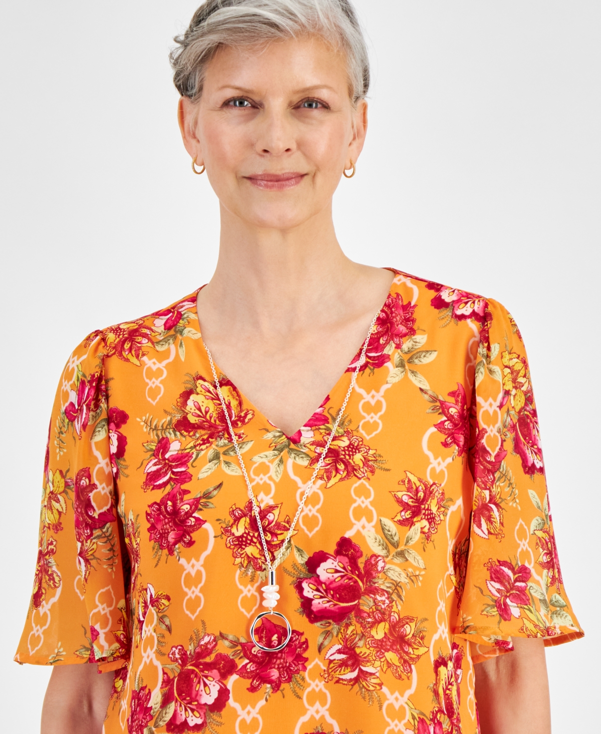 Shop Jm Collection Petite Floral-print Flutter-sleeve Necklace Top, Created For Macy's In Santa Fe Sun Combo