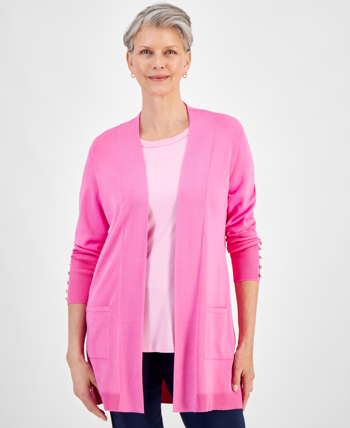 Shop Jm Collection Petite Open-front Button-cuff Cardigan, Created For Macy's In Phlox Pink