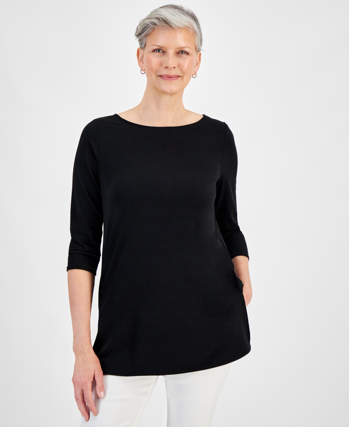 Women's Boat-Neck 3/4-Sleeve Top, Created for Macy's - Deep Black