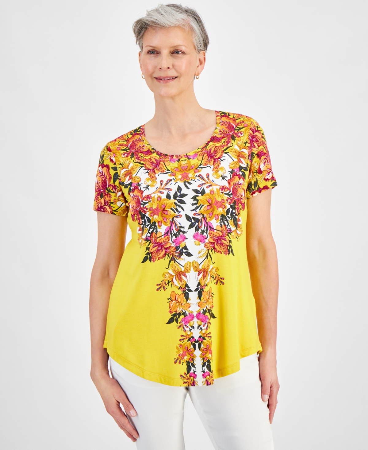 Shop Jm Collection Women's Scoop-neck Short-sleeve Printed Knit Top, Created For Macy's In Lemon Wedge Combo