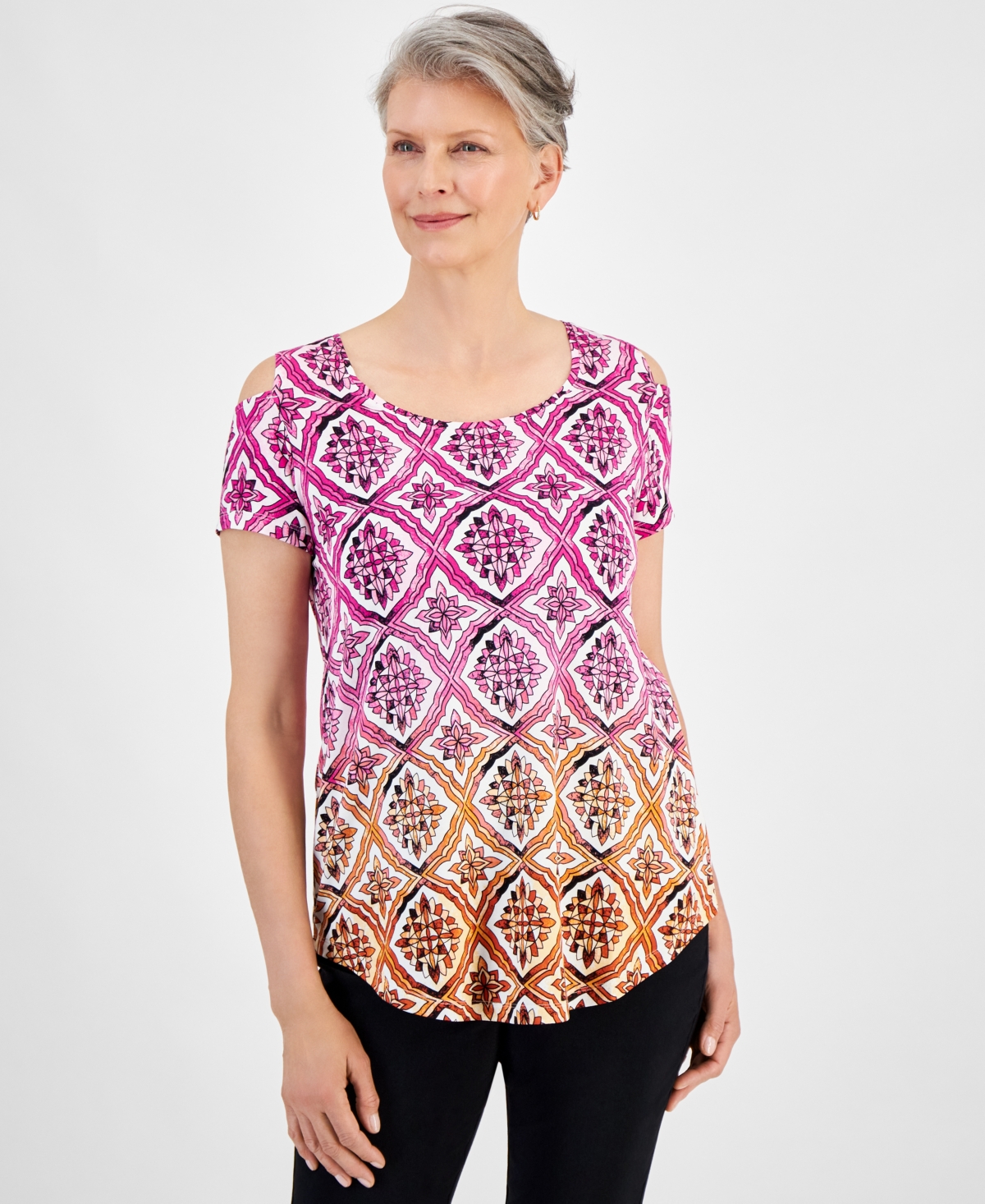 Women's Ombre Cold-Shoulder Short-Sleeve Top, Created for Macy's - Phlox Pink Combo